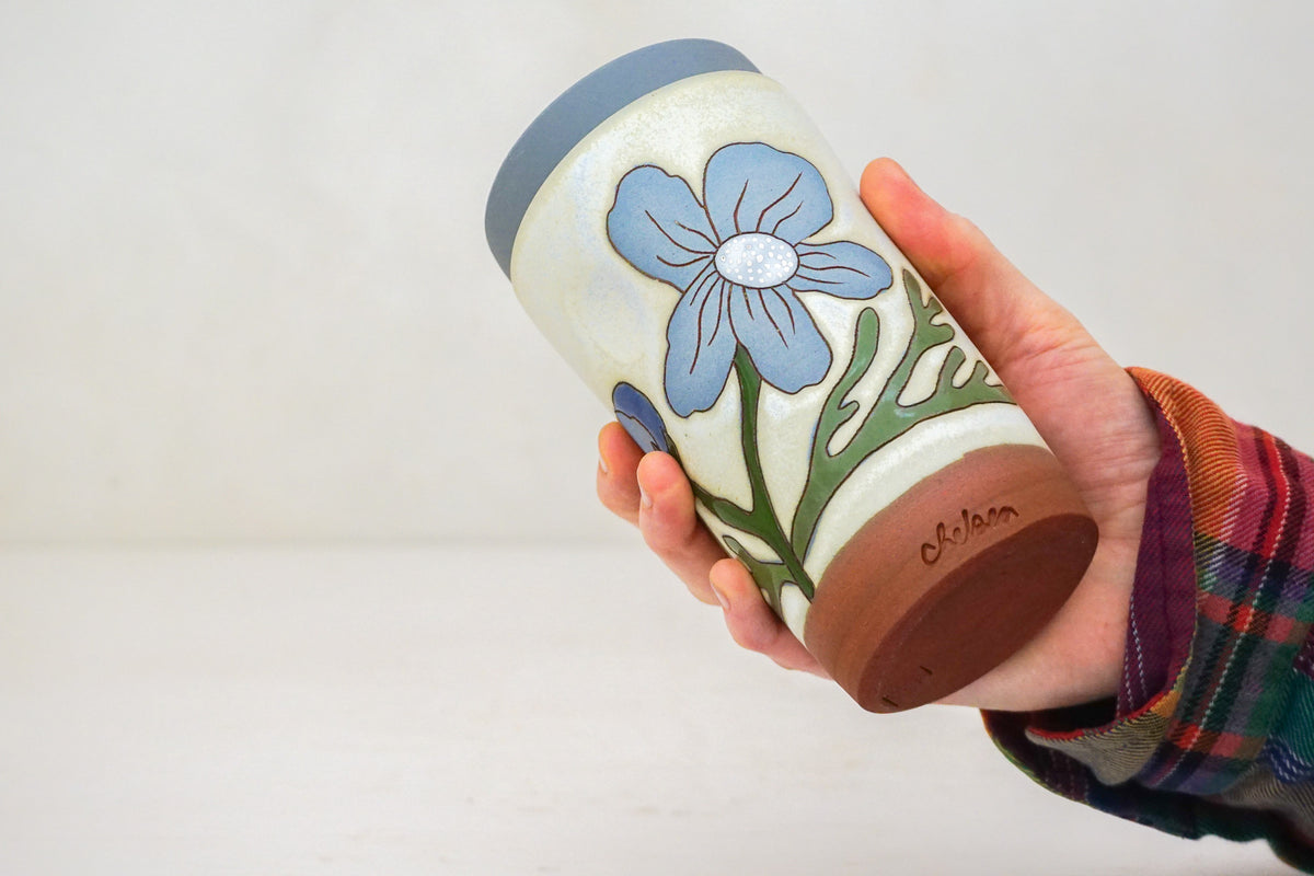 SILVER Blue Cosmo Flower Travel Cup in Bone