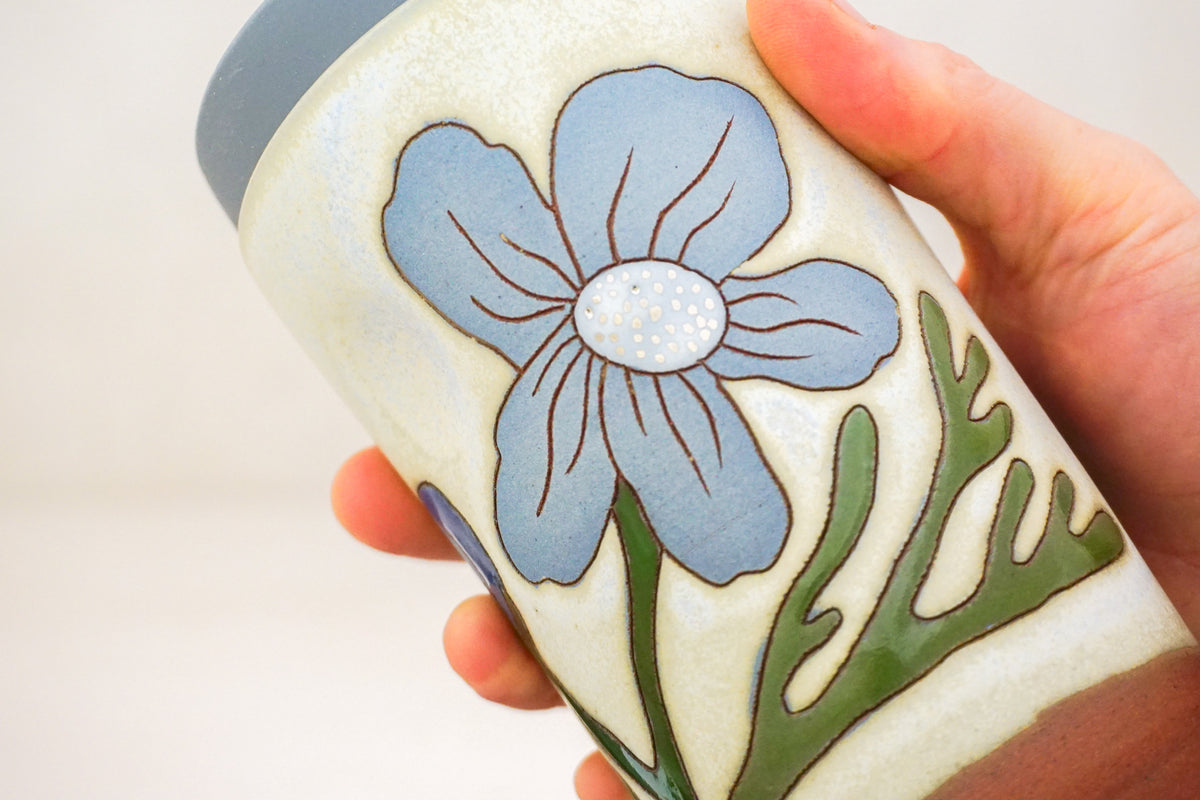 SILVER Blue Cosmo Flower Travel Cup in Bone
