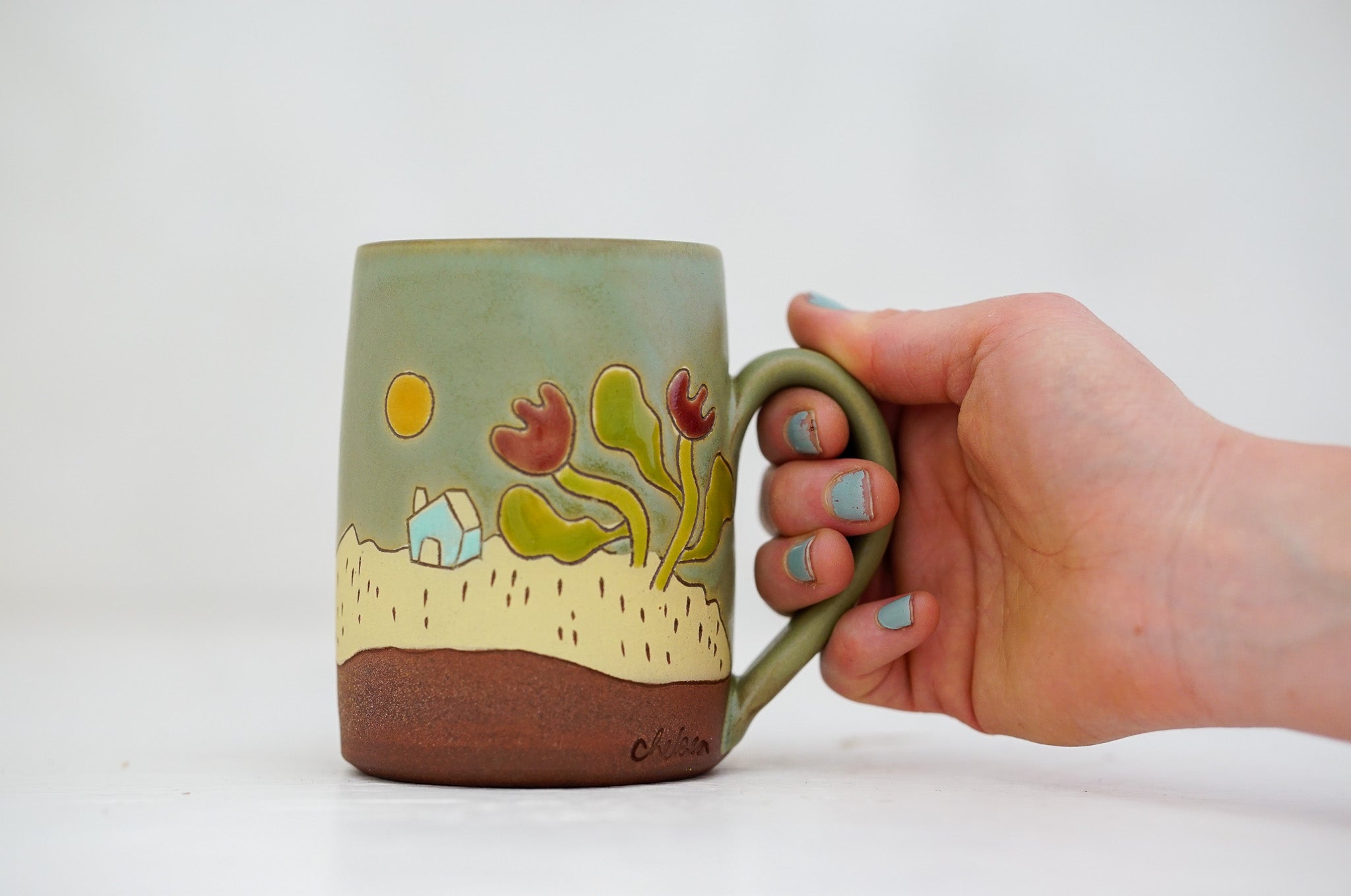 House with Tulips Tall-ish mug in Sage