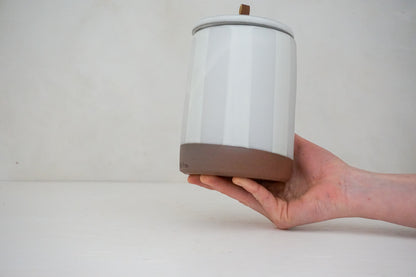 Glossy white glaze stripes on flat white slip Tall jar image 0