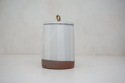 Glossy white glaze stripes on flat white slip Tall jar image 5