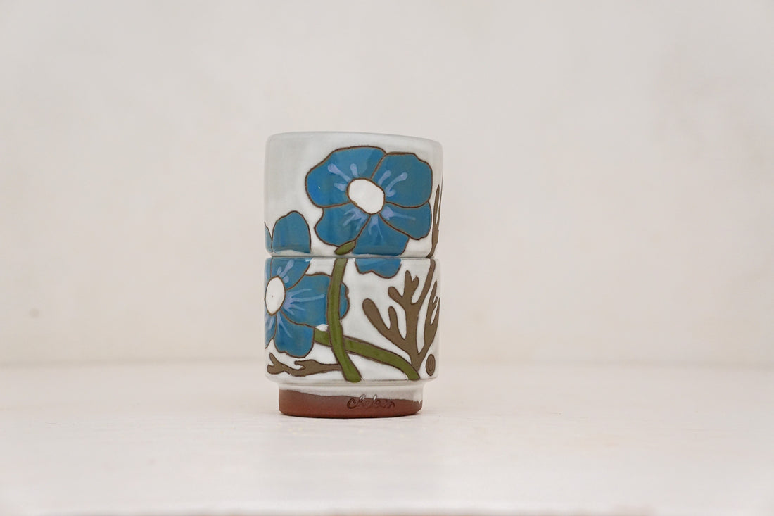 Teal Flower double stack cups in White
