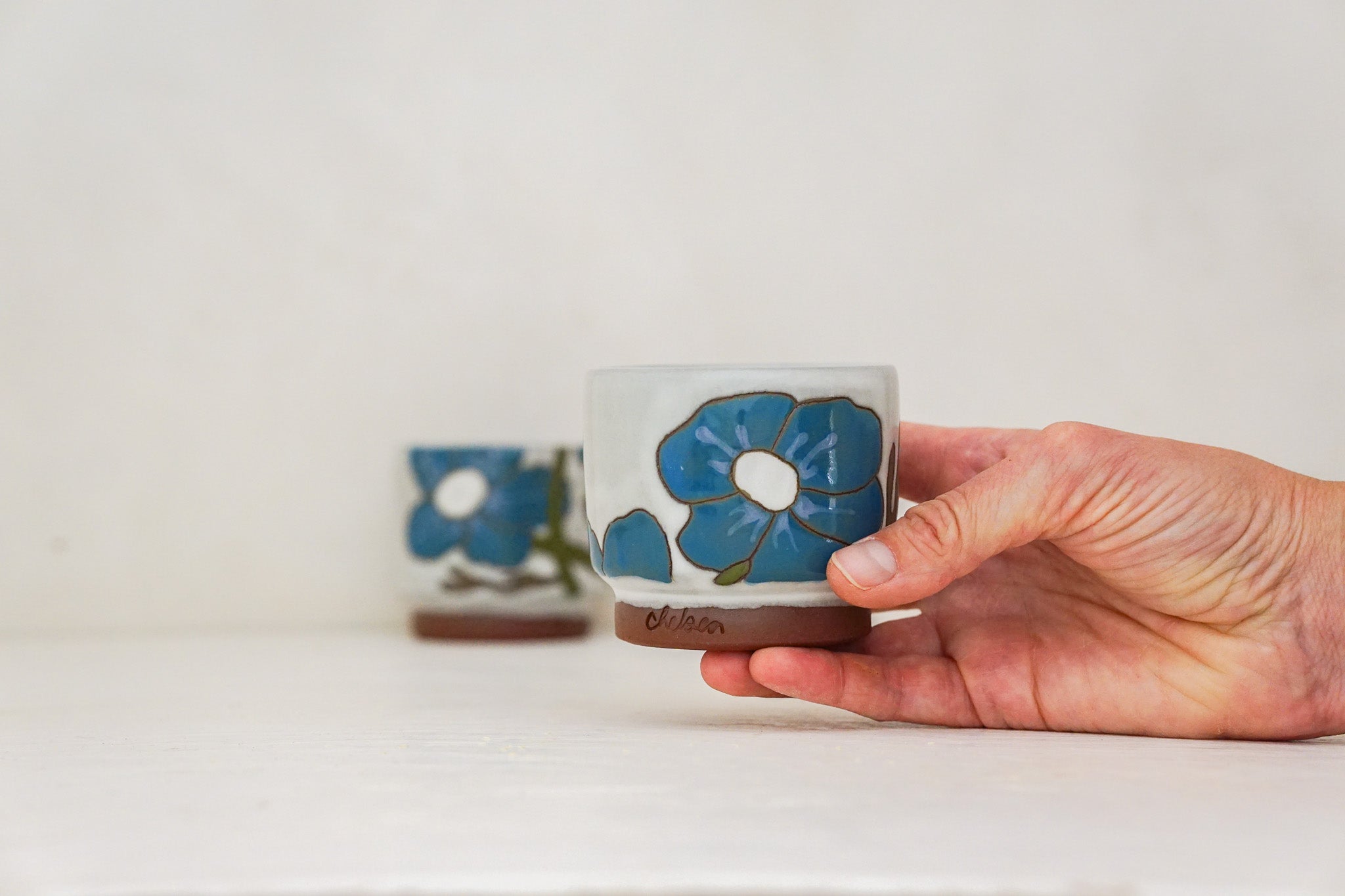 Teal Flower double stack cups in White