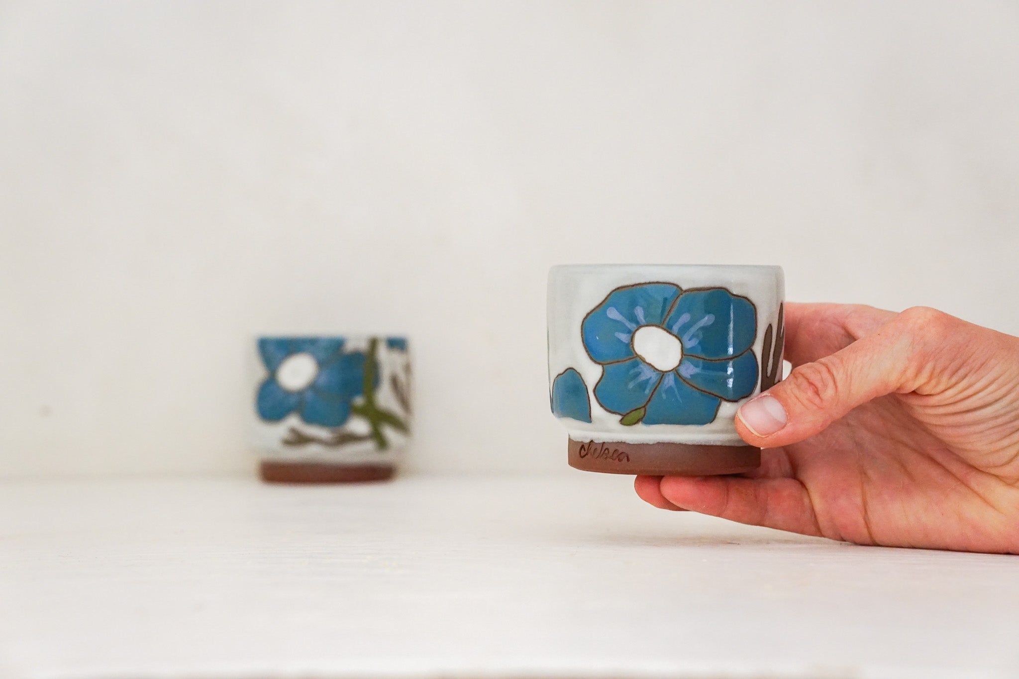 Teal Flower double stack cups in White