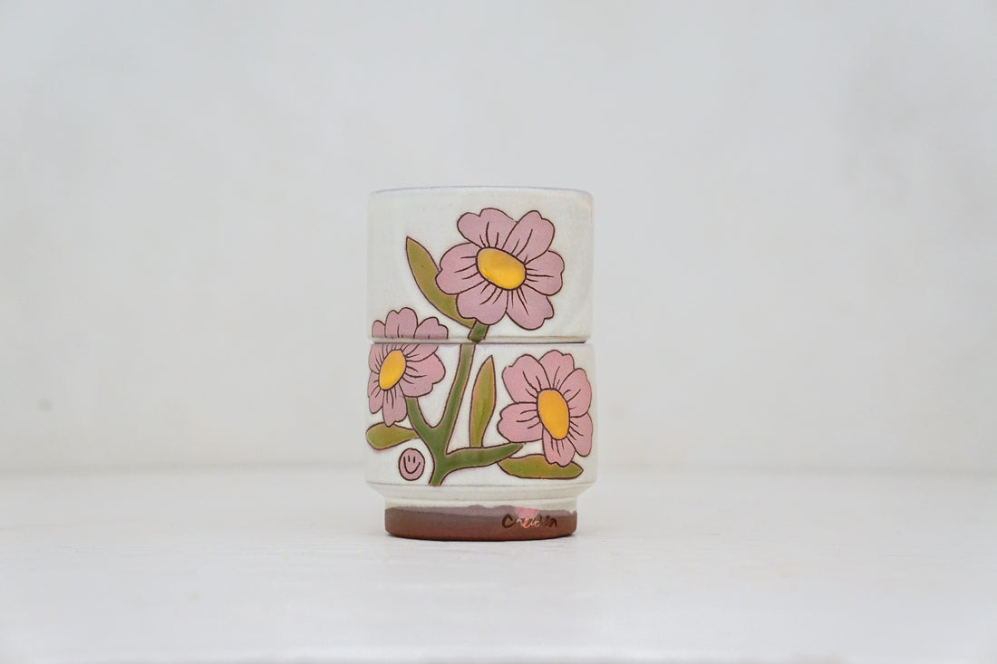 Pinktastic flower double stack cups in Bone