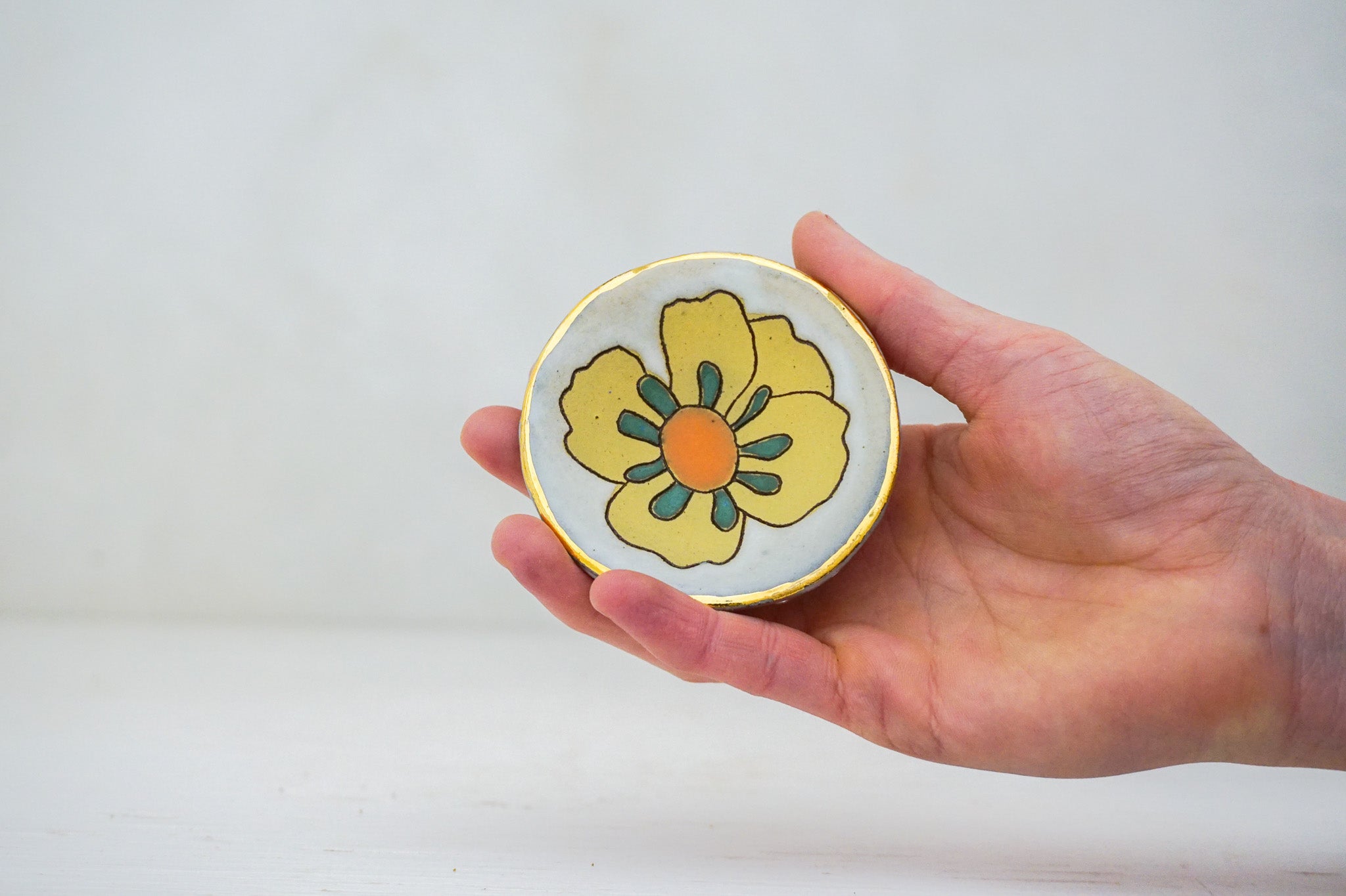 GOLD Yellow Flower ring dish in White
