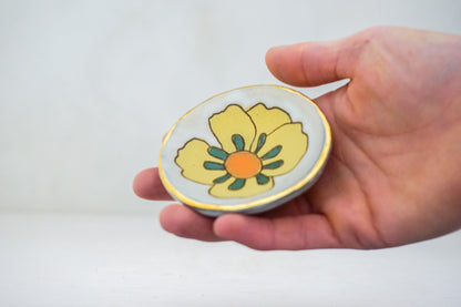 GOLD Yellow Flower ring dish in White