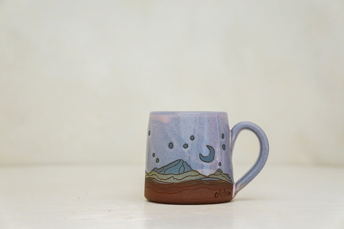 Mtn Crescent moon BB mug in Pink (but on blue slip)