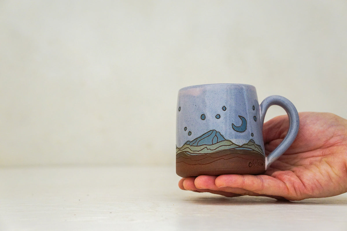 Mtn Crescent moon BB mug in Pink (but on blue slip)