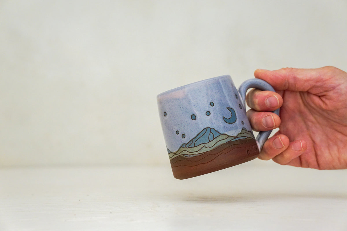 Mtn Crescent moon BB mug in Pink (but on blue slip)