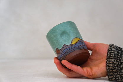 Yellow Sunrise Mountain cup In Lake