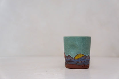 Yellow Sunrise Mountain cup In Lake
