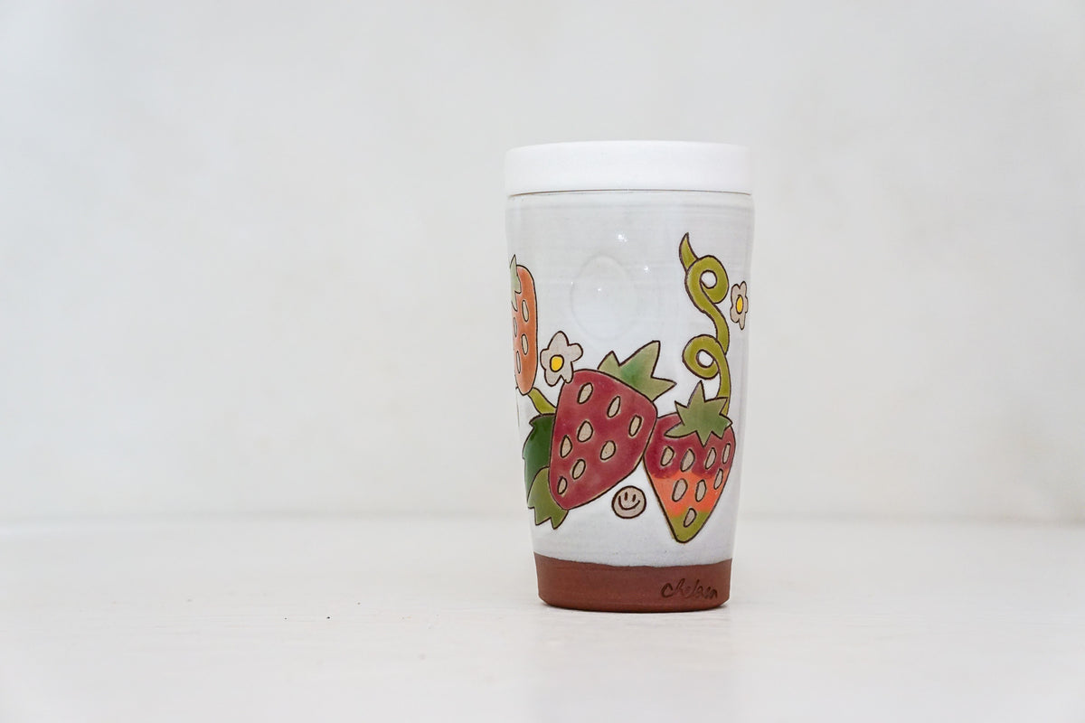 Strawberry Tall Travel Cup in White