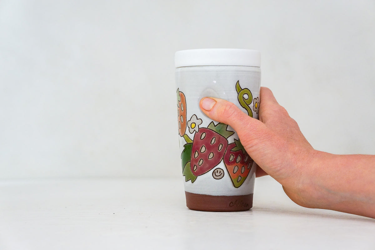 Strawberry Tall Travel Cup in White
