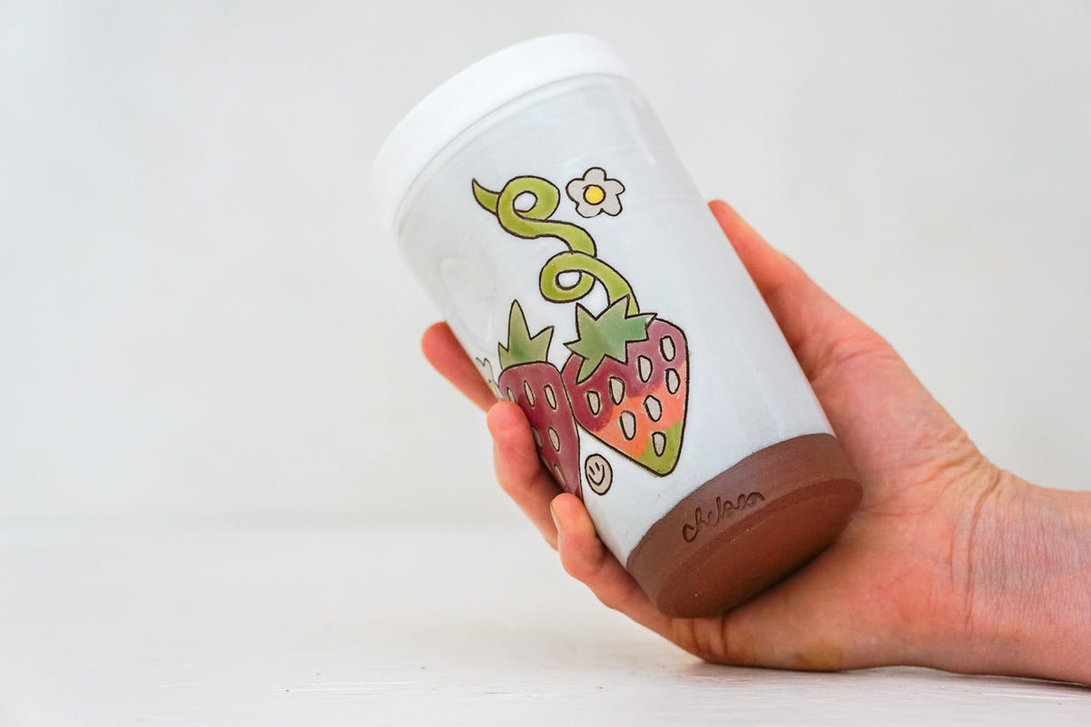 Strawberry Tall Travel Cup in White