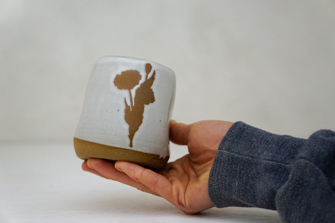 Brown clay Poppy Cup in White 2