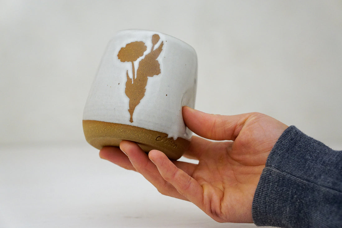 Brown clay Poppy Cup in White 2