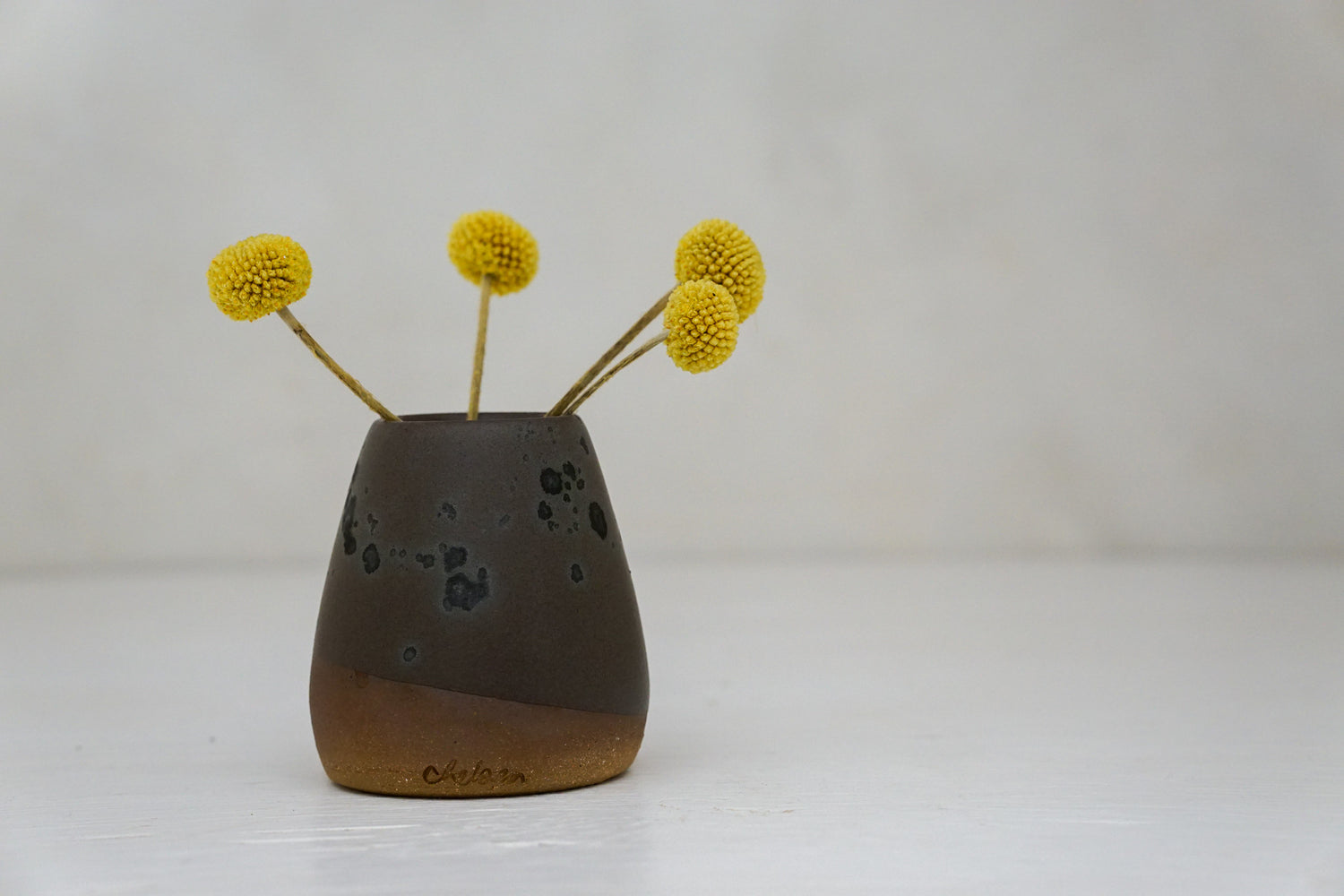 Brown clay Bud Vase in Mocha with Brass speck