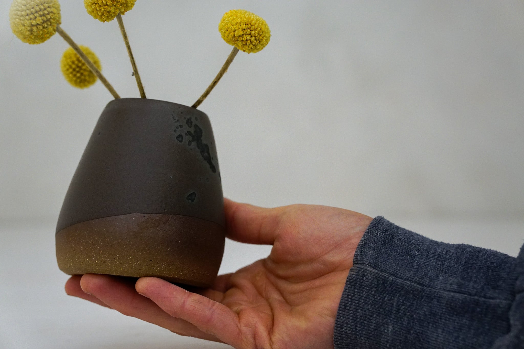 Brown clay Bud Vase in Mocha with Brass speck