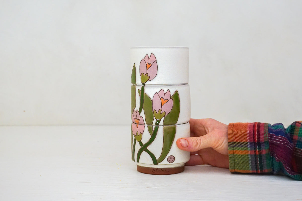 Pink Crocus Stacker cups in Bone