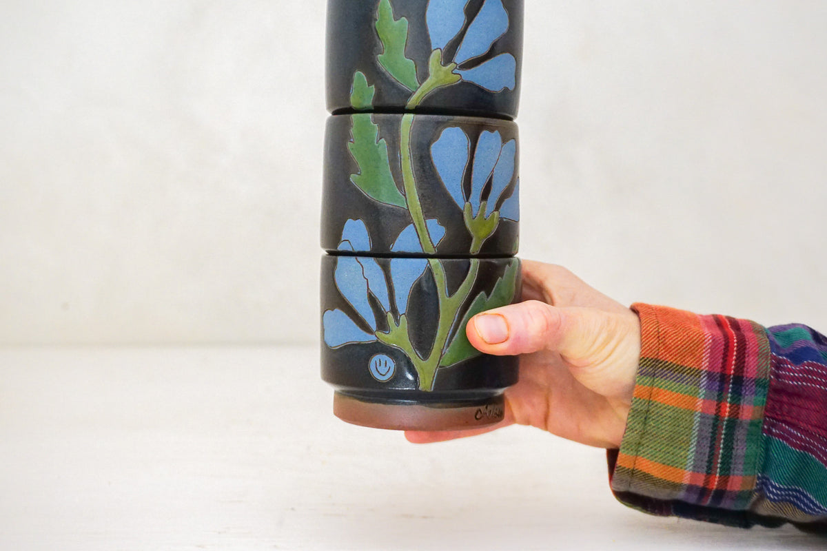 Dancing flowers blue Stacker cups in Darby