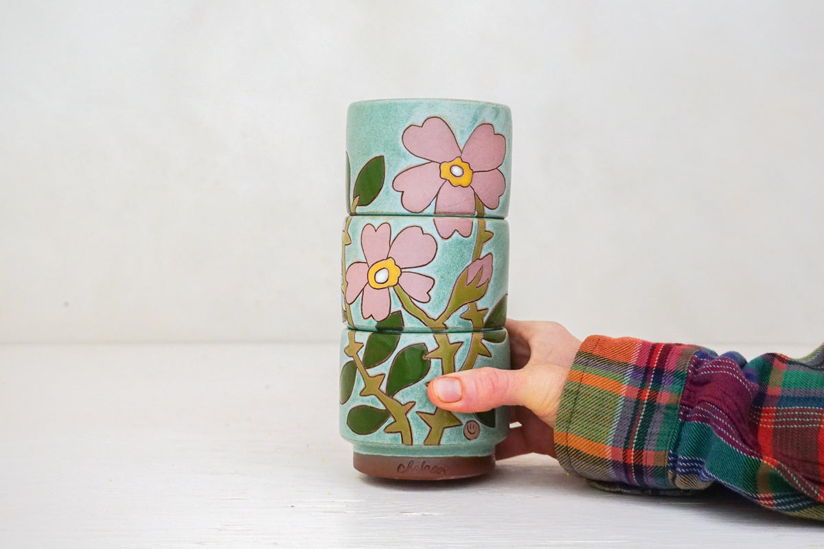 Pink Wild Rose Stacker cups in Lake