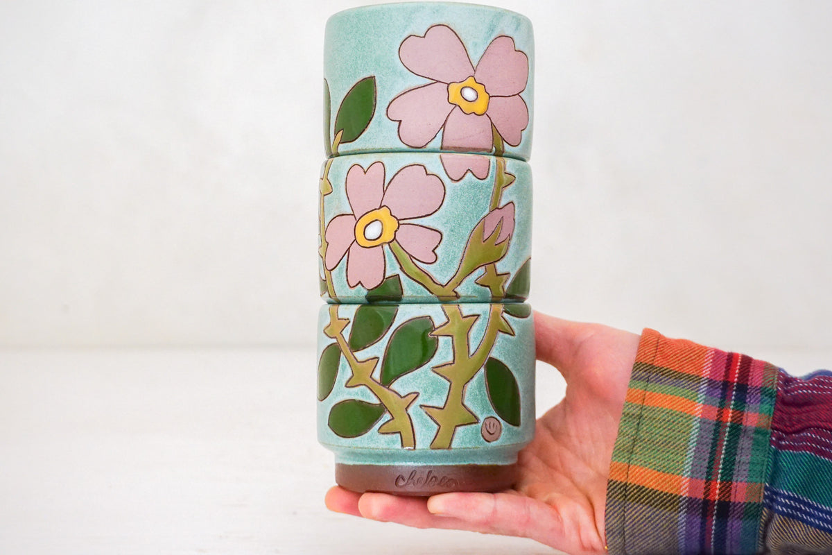 Pink Wild Rose Stacker cups in Lake