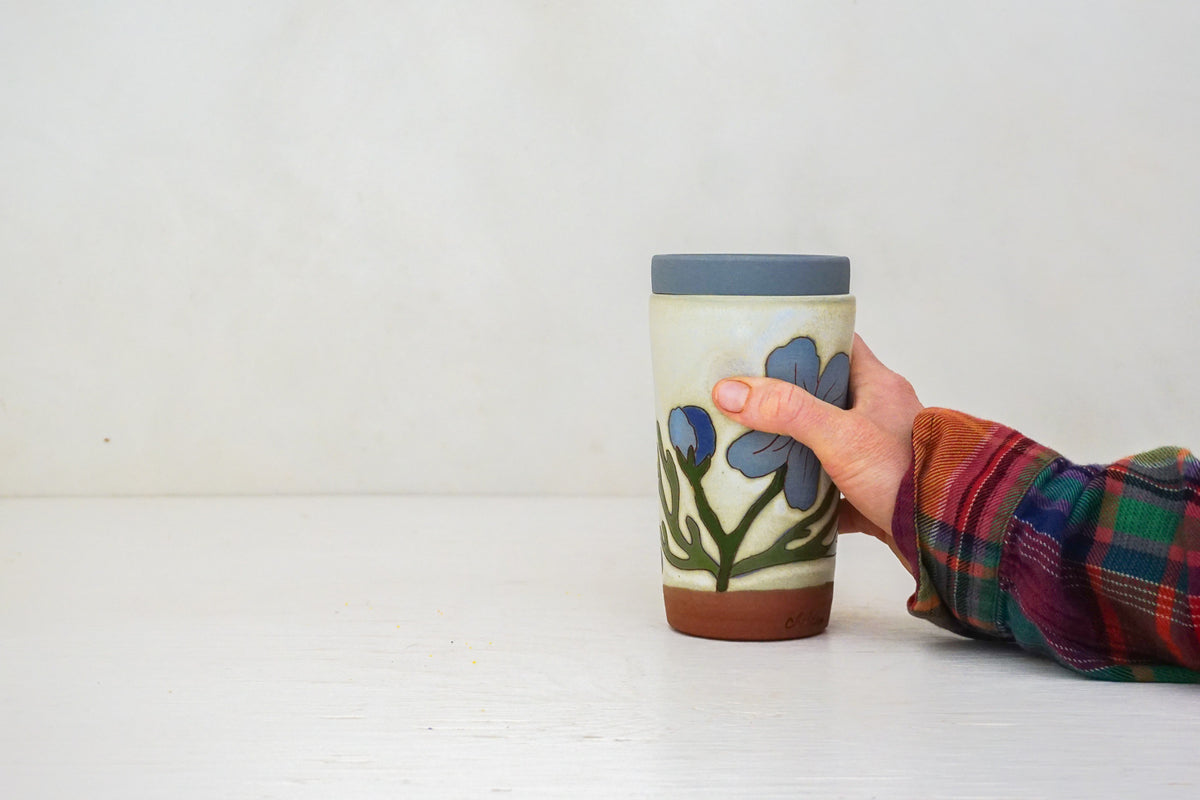SILVER Blue Cosmo Flower Travel Cup in Bone