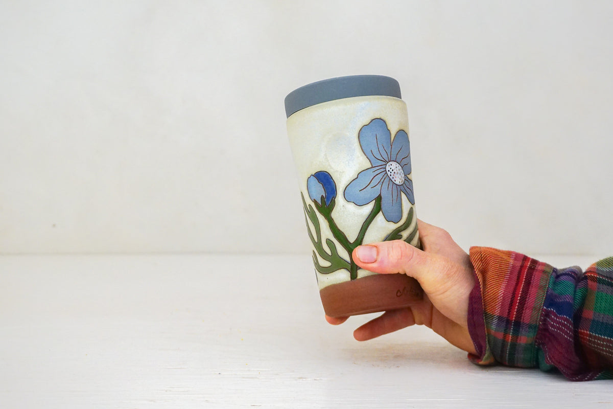 SILVER Blue Cosmo Flower Travel Cup in Bone