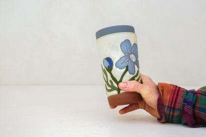 SILVER Blue Cosmo Flower Travel Cup in Bone
