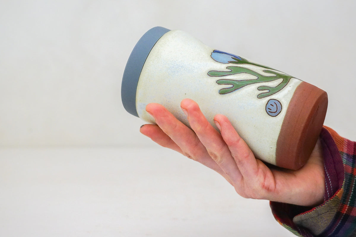 SILVER Blue Cosmo Flower Travel Cup in Bone