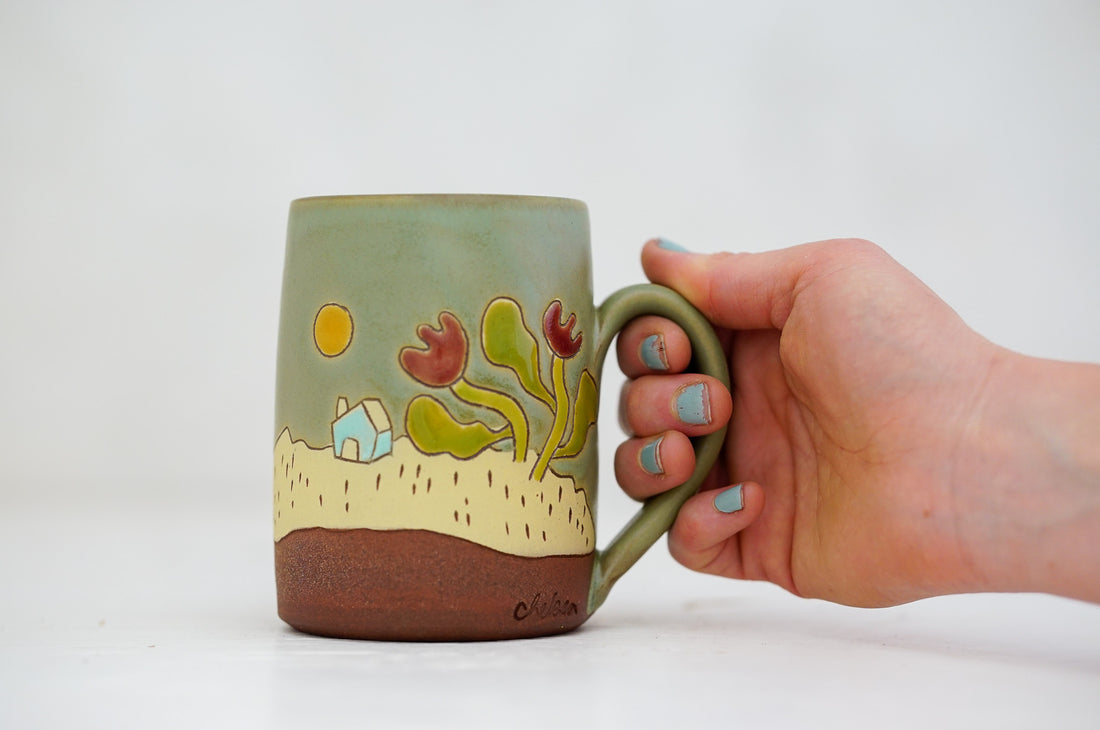 House with Tulips Tall-ish mug in Sage