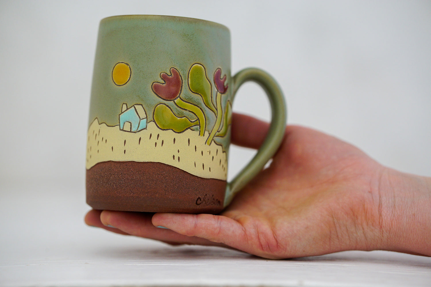 House with Tulips Tall-ish mug in Sage