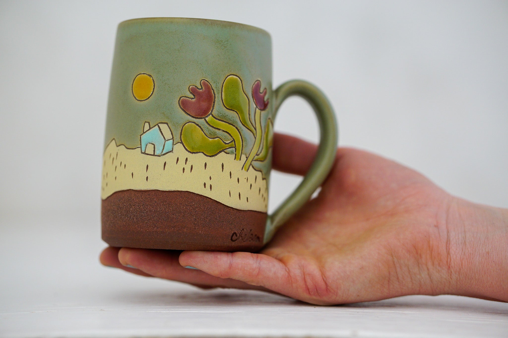 House with Tulips Tall-ish mug in Sage