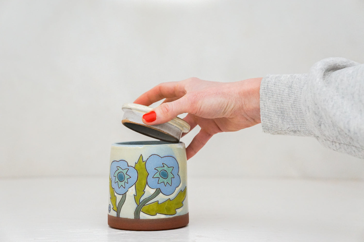 Blue Flower Jar in Bone